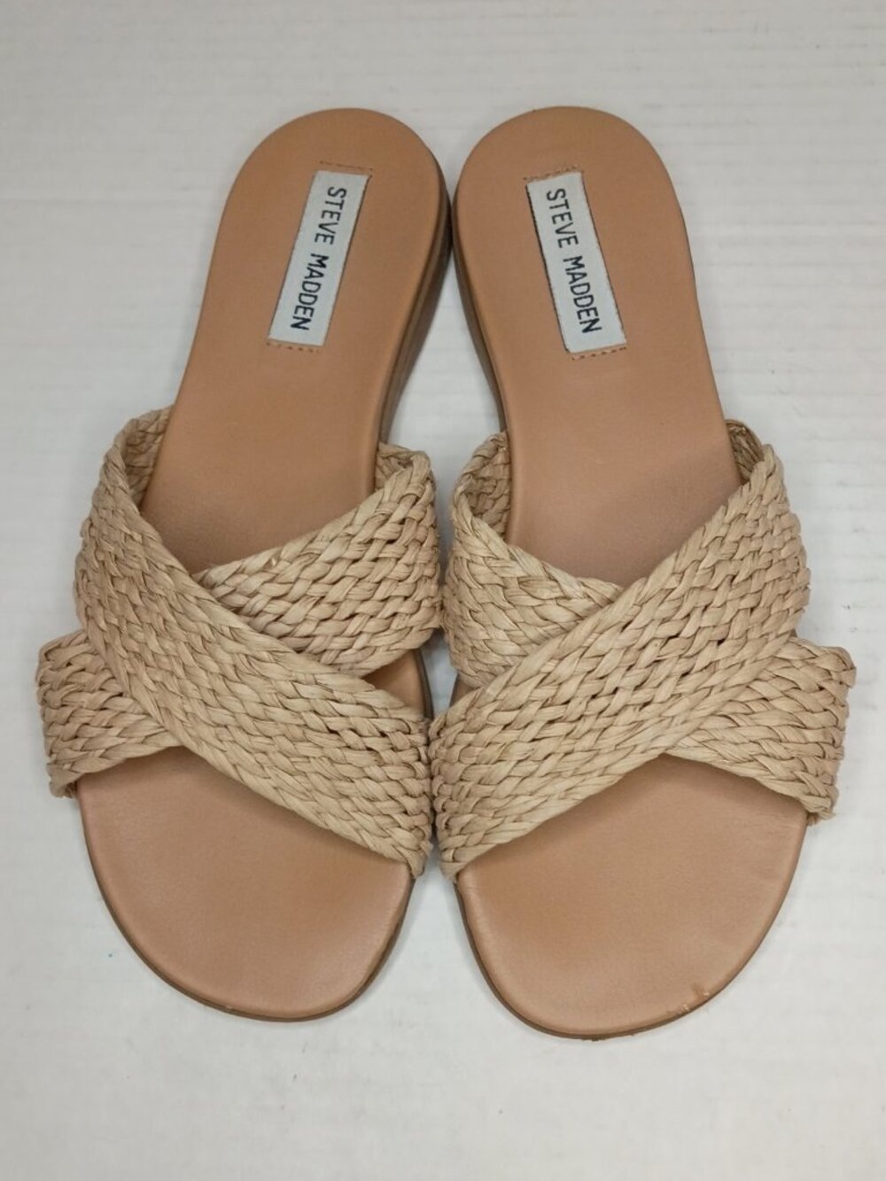 Steve Madden Woven Raffia Crisscross Slide Sandals Tan Approx Size 7